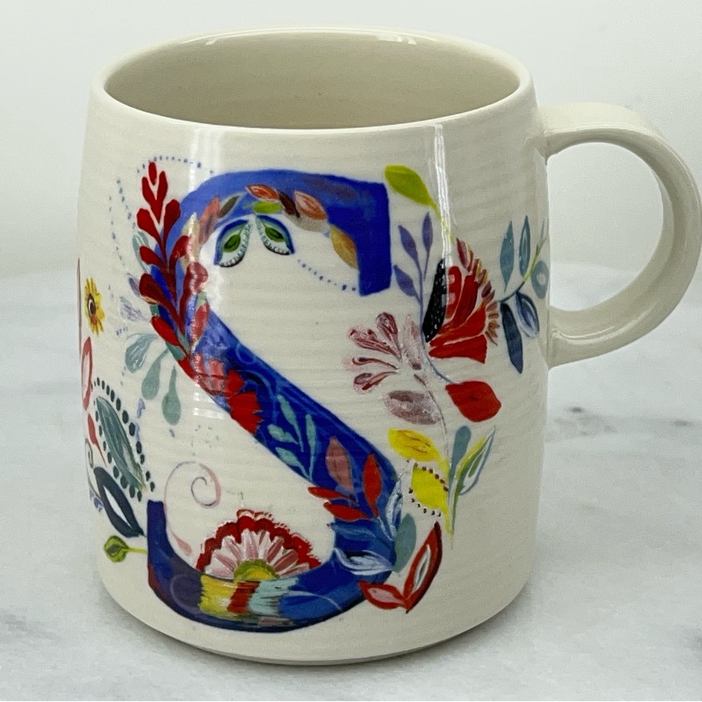Anthropologie Mug Letter 'S' Monogram Starla M Hoffman Petal Palette Floral Boho